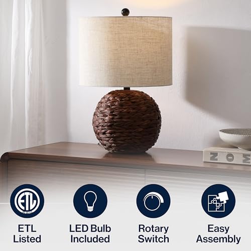 JONATHAN Y 21.5" Dark Brown Modern Coastal Woven Rattan Globe LED Table Lamp for Bedroom, Oatmeal Linen Drum Shade, LED Bulb Included, Rustic Bedside Lamp for Living Room (JYL6514B) - color: Dark Brown