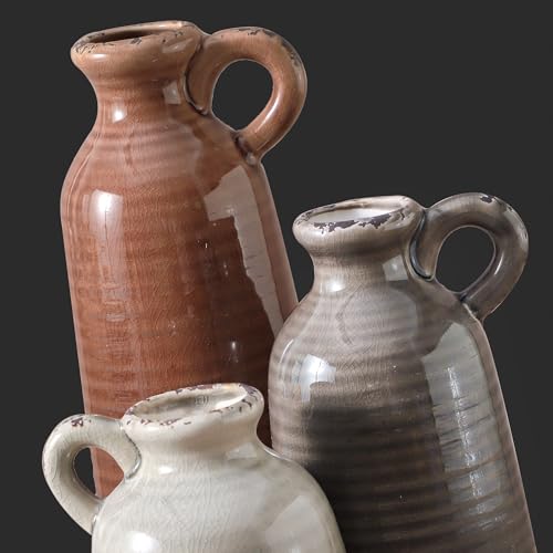 Ceramic Vases Set of 3, Neutral Rustic Farmhouse Vase with Handle, Decorative Flower Vases Home Decor Modern Boho Pampass Vase for Table Mantel Entryway Shelf Living Room Kitchen Bathroom - Brown - color: 010 Vase Set With Handle - Brown