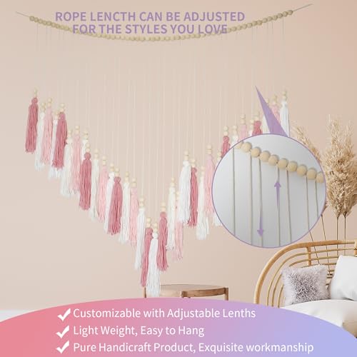 Pink&White Large Macrame Wall Haning Boho Decor,Blush Pink Tassel Wall Decor Bohemian, Pink Bedroom Living Room Girls Room Décor Nursery Dorm Decoration Boho Gift for Girls Woman Gifts - color: Blush Pink, Lights Pink, White