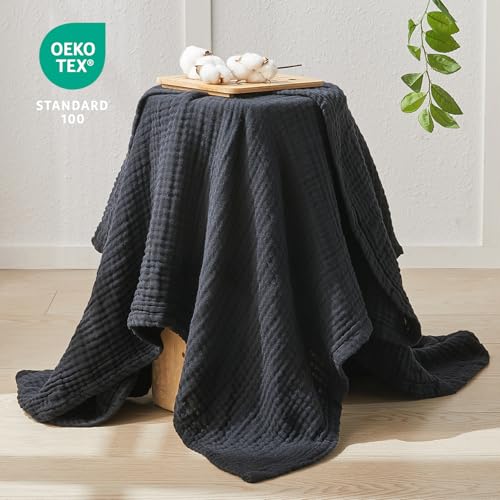 EMME Cotton Muslin Throw Blanket Couch Breathable Gauze Blanket Soft Lightweight Blankets Adults (Black, 50"x60") - color: 18 - Black, size: Throw (50" x 60")