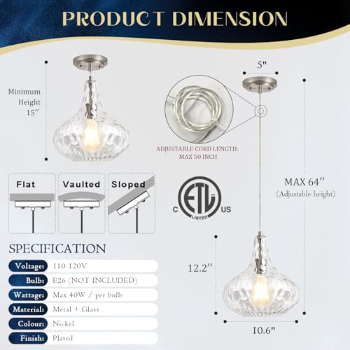 Hammered Glass Pendant Light for Kitchen Island, 11-Inch Modern Brushed Nickel Hanging Light Fixture for Sink, Dining Room, Hallway, Living Room - color: Brushed Nickel