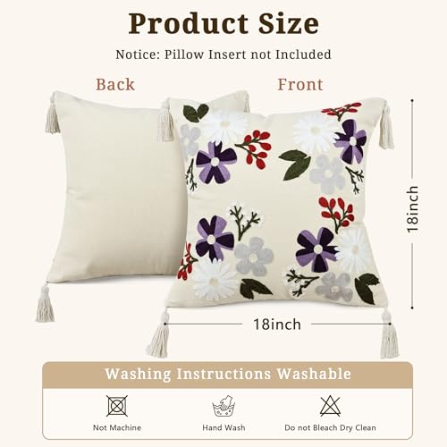 Floral Embroidered Pillow Covers 18x18 Inch Set of 1, White Daisy Decorative Throw Pillow Covers with Tassels, Spring Farmhouse Purple Flowers Cushion case for Couch Sofa Bed Living Room - color: Blooming Daisy