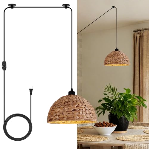 HuisMier Rattan Plug in Pendant Light with 15 Ft Plug in Cord, Hand Woven Lampshade Boho Hanging Lamp with Dimmable Switch, Farmhouse Rattan Pendant Light for Dining Room Bedroom Kitchen - color: Brown Dome