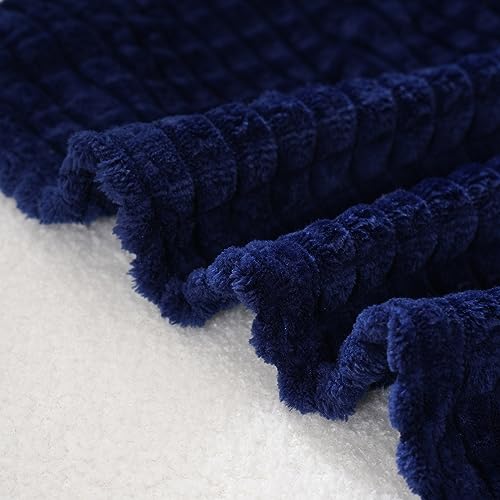Puncuntex Flannel Fleece Throw Blanket Navy Blue 50"×60",Super Soft Plush Cozy Blanket with 3D Jacquard Square Grid Design Luxury for Couch Sofa Chair,Dark Blue - color: Navy Blue, size: 50"×60"
