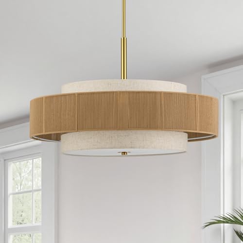 VONLUCE 23.6" Boho Rattan Chandelier, 6-Light Drum Chandelier with 3-Tier Woven Lampshade, Rattan Ceiling Light for Dining Room Bedroom Living Room with E26 Sockets, Gold Finish, ETL Certified - color: Gold, size: 24inch