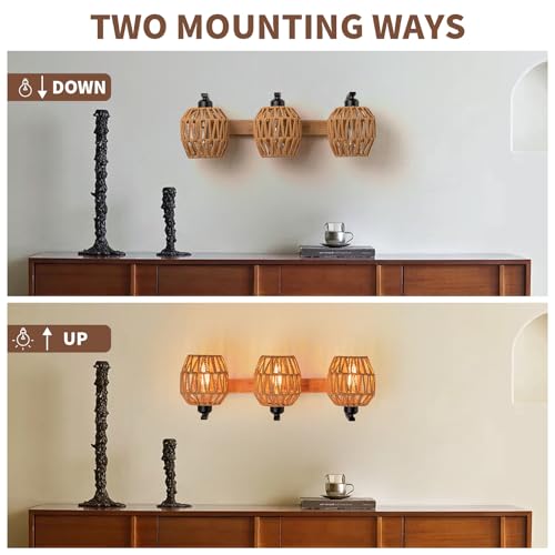 3-Light Rattan Vanity Light Fixtures,Bathroom Lighting Fixtures Over Mirror,Rustic Rattan Lampshade Wood Wall Light Boho Vanity Light Farmhouse Wall Sconces for Kitchen Stairs Bedroom - color: Drum shade
