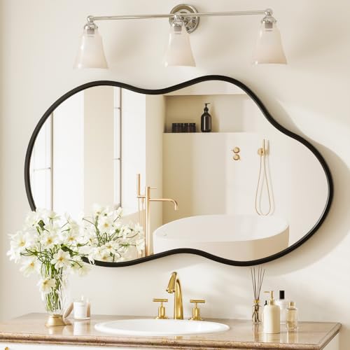 40”x 24” Irregular Wall Mirror, Large Bathroom Mirror, Abstract Black Framed Mirrors, Asymmetrical Wavy Decor Mirrors for Bathroom Living Room Bedroom Entry Way (Horizontal/Vertical) - color: Black, size: 40"L x 24"W
