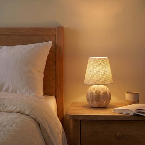 Vintage Small Wicker Lamp, Rattan Body Fabric Lampshade, Adjustable Light Color and Brightness, Power-Off Memory, Safe USB Powered, Boho Style Night Light for Bedroom Living Room (FlaxYellow) - color: FlaxYellow
