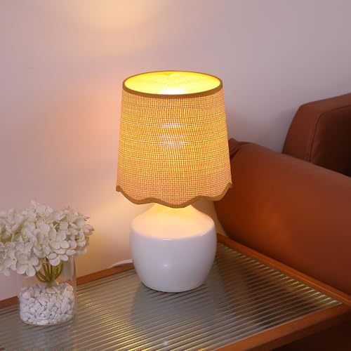 Boho Rattan Ceramic Table Lamp,Small White Ceramic Bedroom Bedside Nightstand Lamp with Rustic Woven Shade,Small Coastal Desk Lamps for Living Room End Table Kids Room