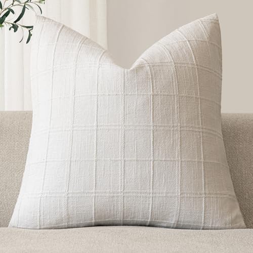 Foindtower Set of 1 Decorative Linen Check Throw Pillow Cover Neutral Farmhouse Vintage Cushion Cover Modern Boho Home Decor for Sofa Chair Couch Bedroom Living Room Outdoor,16×16 Inch,Cream White - color: White, size: 16" x 16" (Pack of 1)
