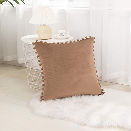 Elegant Comfort POM-POMS Fringe Velvet Cushion Covers Set of 2, Velvet Soft Solid Decorative Square Throw Pillow Covers Set Cushion Case for Couch Bed, Livingroom 18 x 18 Inch (45 x 45 cm), Taupe - color: Taupe, size: 18" x 18" (Pack of 2)