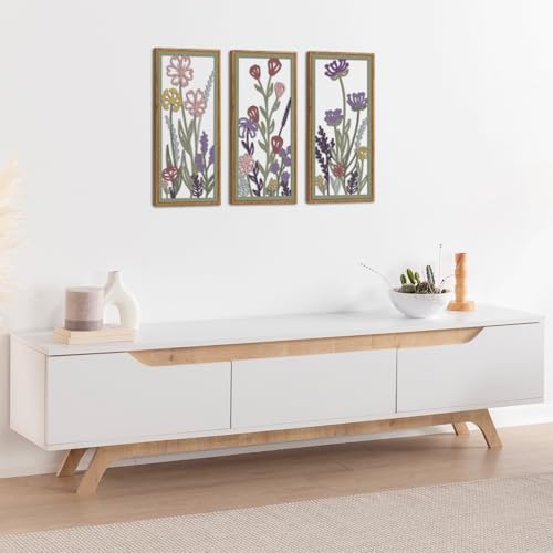 KAIRNE Neutral Floral Wooden Wall Art Set of 3,Framed Vintage Botanical Flower Decor,Minimalist Wildflower Wood Hanging Decor,Modern Farmhouse Decoration for Living Room Bedroom Office Kitchen,8X16 inch - color: Flower Wooden Wall Art, size: 8"L x 16"W