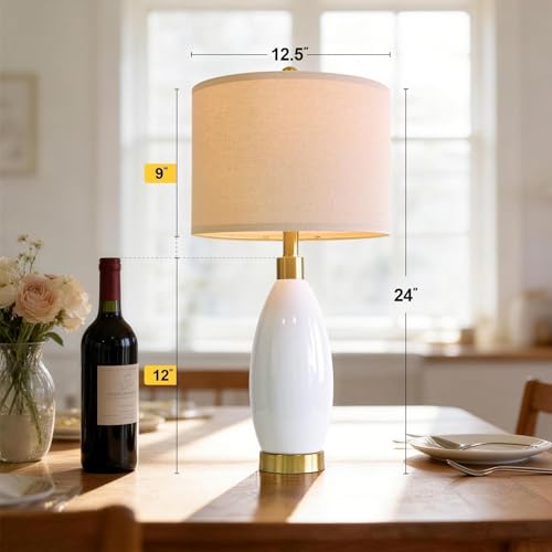 USumkky 24" White Oval Ceramic Table Lamp Set of 2, Modern Minimalist Bedside Nightstand Lamps for Bedroom Living Room, Linen Shade & Gold Metal Base, Rotary Switch E26 (Bulbs Excluded) - color: 24" Teardrop-2 Pack