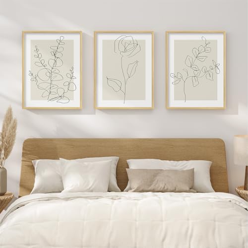 Framed Floral Art Bedroom Wall Art, 3 Piece Neutral Botanical Line Artwork for Walls, Minimalist Flower Leaf Picture Prints, Beige Botanical Painting for Living Room Kitchen Hallway Office, 12x16 Inch - color: Beige and White