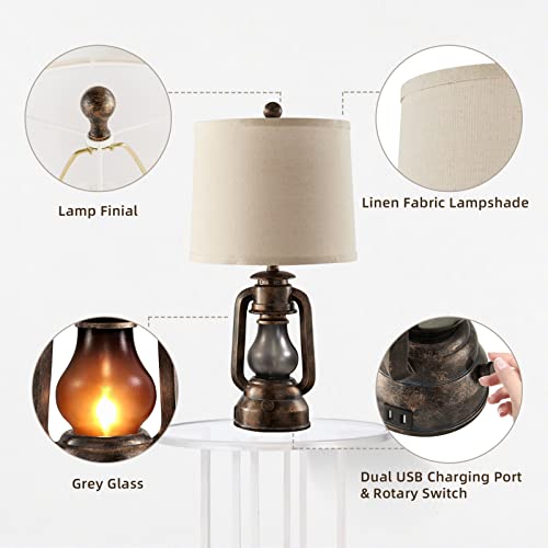 Farmhouse Lantern Table Lamps for Living Room Set of 2, Vintage Bedroom Resin Lamp with Dual USB Charging Ports, Rustic Retro Bedside Nightstand Desk Lamp, 4 Bulb Included - color: Bronze - 22'' Lantern Lamps