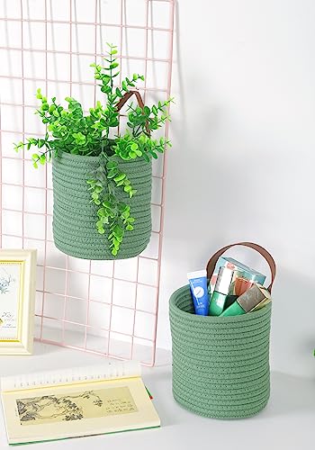 2pack Small Hanging Basket-Cotton Rope Wall Basket with Handle, Hanging Storage Baskets, Shelf Baskets Storage Bin Closet Organizer - 6.3" x 7", Woven Plant Basket (Green) - color: Green