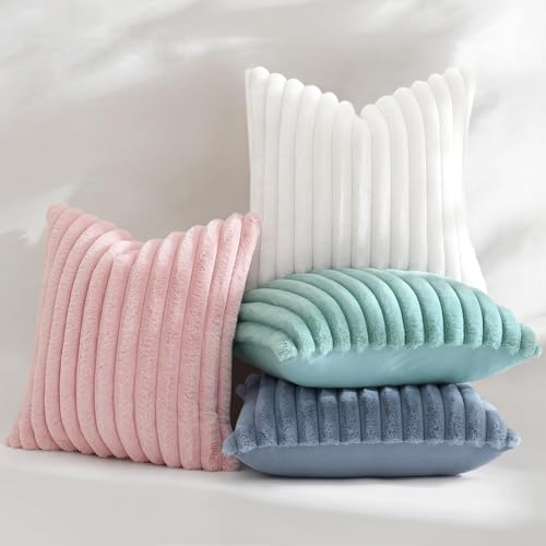 decorUhome Fall Cozy Faux Fur Throw Pillow Covers 26x26 Set of 2 Decorative Soft Plush Striped Modern Farmhouse Boho Couch Euro Sham Pillow Cases with Velvet Back for Sofa Bed Living Room, Aqua - color: Aqua, size: 26" x 26" (Pack of 2)