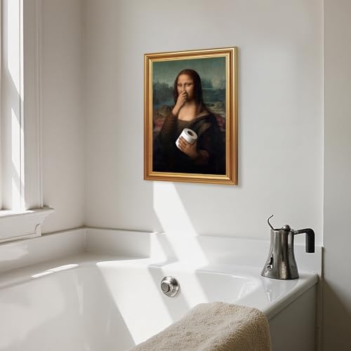 ICHZUMW Gold Framed Funny Mona Lisa Toilet Paper Canvas Wall Art, Quirky Humorous Parody Painting Wall Decor, Ready to Hang for Bathroom Restroom Powder Room, 12x16in - color: Funny Mona Lisa, size: 16"L x 12"W