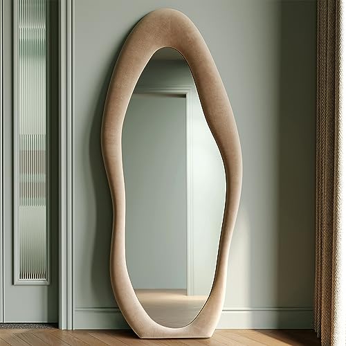 Honyee Full Length Mirror, 63" x 24" Wall Mirror, Flannel Wrapped Wooden Frame Floor Mirror, Irregular Wavy Mirror Hanging or Leaning Against Wall for Cloakroom/Bedroom/Living Room, Milk Tea - color: Milk Tea, size: 63"L x 24"W