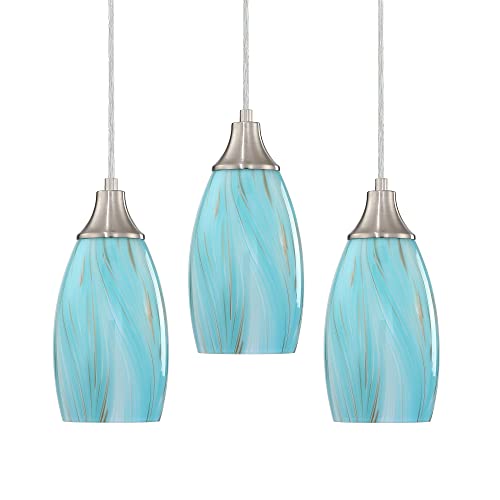 karyfine Mini Art Glass Pendant Lights Kitchen Island,Handcrafted Teal with Gold Glass Ceiling Pendant Lighting Brushed Nickel Adjustable Cord Hanging Lamp Cover for Coffe Bar,Dining Room 3pack - color: Teal(Aqua)with Gold-3Packs