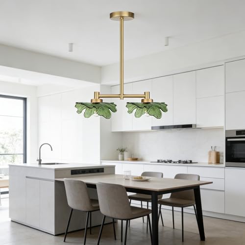 2 Light Green Glass Pendant Light Adjustable Hanging Lamp | Leaf Glass Linear Pendant Light, Adjustable Gold Metal Rod, E26 Socket For Kitchen Island Dining Room - color: Green, 2 Light