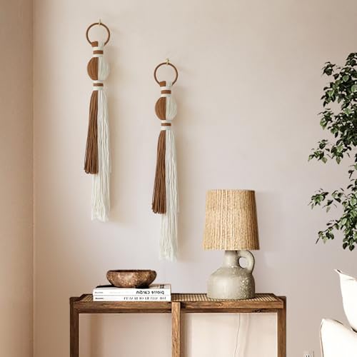 IOWER 2Pcs Macrame Wall Hanging Boho Home Decor Fiber Art with Sphere Knots Tassels Handmade Yarn Art for Bedroom Living Room Office Entryway - color: Ivory and Brown