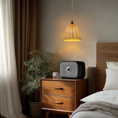 FRIDEKO HOME Rattan Plug in Pendant Light – Boho Hanging Lamp for Room, 15ft Cord No Hardwiring Easy Installation for Bedroom Living Dining Hallway, Vintage Farmhouse Swag Light Fixture - color: 4-Bell Lampshade