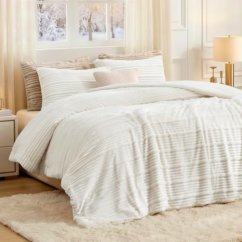 Amélie Home Premium Fleece King Size Comforter Set,Soft Fuzzy Striped Flannel Bedding Set, 3 Pieces, 1 Cozy Comforter with 2 Pillowcases, Ivory, 106"x90" - color: Striped Ivory, size: King (106"x90")