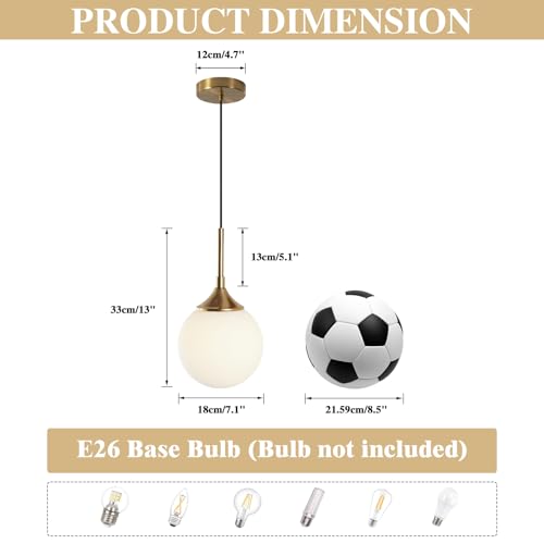 KCO Lighting Mid Century Modern Milk Glass Pendant Light Large White Globe Hanging Light Gold Ceiling Light Fixture 1 Light Pendant Lighting Brushed Brass Hanging Light Fixture - color: White
