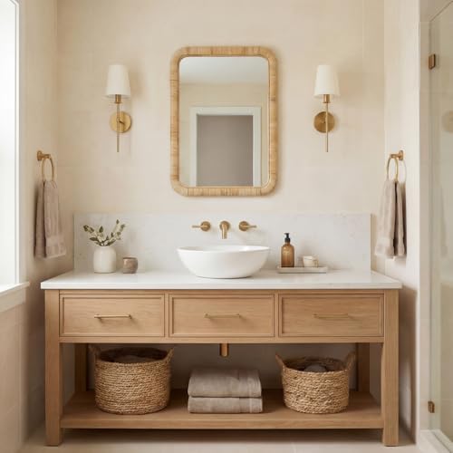 Barnyard Designs Rattan Wall Mirror, Rectangular Farmhouse Boho Accent for Bathroom, Entryway or Bedroom, Woven Natural Honey Rattan Frame (20" × 30", Rectangular) - size: 30"L x 20"W
