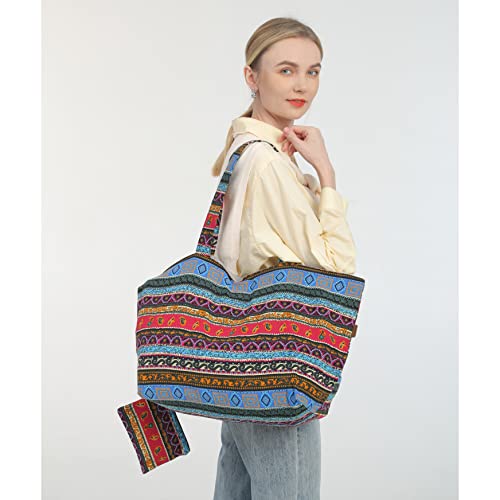 OPQRSTU Women Hippie Tote Hand Bag Large Capacity Bohemian Bag Portable Tourist Shoulder Bags - color: Rose Red