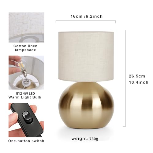 Modern Golden Small Table Lamp with Cotton Linen Shade, 6.2×6.2×10.4 inch LED Desk Light, One-Button Switch for Bedroom, Living Room, Nightstand, Includes Warm Light Bulb - color: Golden, size: Pack of 1