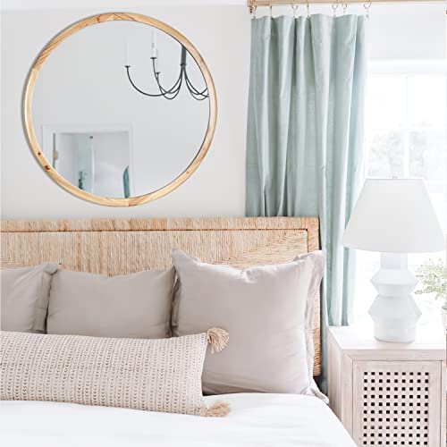 Round Wood Mirror,32 inch Circle Wooden Natural Large Farmhouse Vanity Boho Decor Wall Mirror for Bathroom Bedroom Living Room Hallway - size: 32"L x 32"W