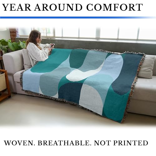 Pure Country Weavers Bauhaus Blue Waves Blanket - Mid Century Modern - Gift Tapestry Throw Woven from Cotton - Made in The USA (72x54) - color: Bauhaus Blue Waves, size: 72x54