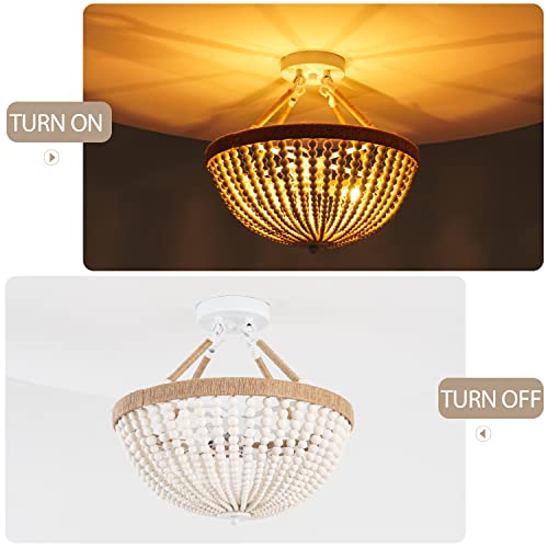 Wood Beaded Mini Chandelier Farmhouse Bohemia Semi Flush Mount Ceiling Light Rustic 3-Light Ceiling Lighting Fixtures for Bedroom Dining Nursery Room Girl Room Hallway, White, Dia 15 Inch