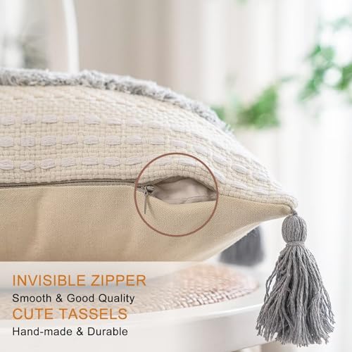 Boho Throw Pillow Covers 18x18 Set of 2 Woven Tufted Farmhouse Pillows Cover with Tassels Textured Striped Cushion Case Neutral Pillow Cases Decorative Pillowcase for Sofa, Couch, Bed, Light Grey - color: Light Grey, size: 18" x 18" (Pack of 2)