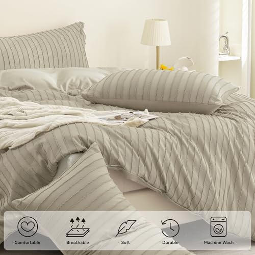 JELLYMONI Duvet Cover Full Size Khaki - 3PCS Boho Striped Duvet Cover Set Polyester Tufted Bohemian Textured Comforter Cover 80×90in with Corner Ties & Zipper and 2 Pillowcases - color: Khaki-striped, size: Full(80"×90")