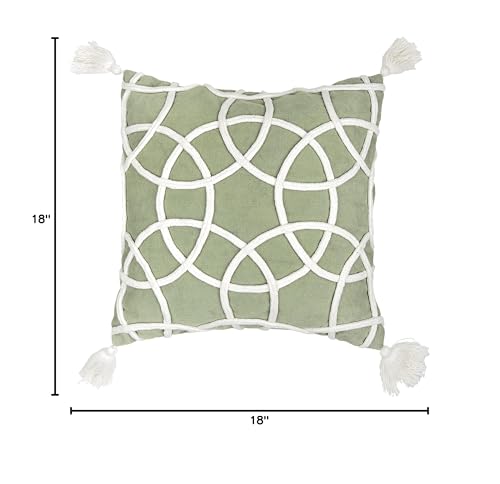 carol & frank Lily Sage Geometric Accent Throw Pillow w/White Tassel Fringe 18" x 18" All Seasons Springtime Spring Home Living Room Sofa Couch Chair Bed Bedroom Premium Luxury Decor Decoration 18" x