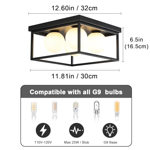 Flush Mount Ceiling Light, 12.6” Close to Ceiling Light Fixtures with Globe Glass Shade, 4-Light Black Ceiling Light Fixture for Bedroom Kitchen Hallway Living Room Dining Room Entryway - color: 4 Light Black