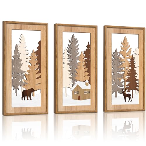 KAIRNE Winter Wooden Wall Art Set, 3pcs 8X16 Vintage Wood Wall Decor,Rustic Farmhouse Framed Wall Sculptures,Pine Deer Bear Wooden Hanging Decor for Living Room Bedroom Kitchen Office Decoration - color: Winter, size: 8"L x 16"W