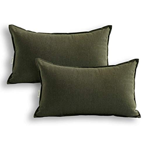 Jeanerlor Cotton Linen Square Decorative Throw Pillow Case Cushion Cover with Twin Needles Stitch on Edge, 12"x20"(30 x 50cm), 2 Pcs, Olive Green - color: Olive Green, size: 20" x 12" (Pack of 2)