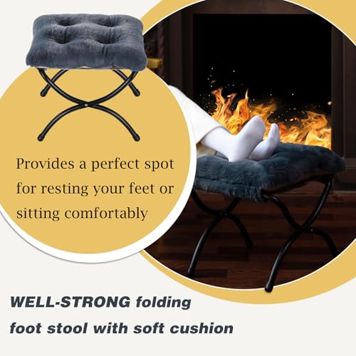 15" Foldable Foot Stool Ottoman with Metal Frame - Washable Faux Fur Navy Upholstered Indoor/Outdoor Footrest for Living Room, Bedroom, Patio - Space-Saving Compact Design - color: Fleece-navy