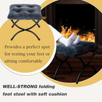 15" Foldable Foot Stool Ottoman with Metal Frame - Washable Faux Fur Navy Upholstered Indoor/Outdoor Footrest for Living Room, Bedroom, Patio - Space-Saving Compact Design - color: Fleece-navy