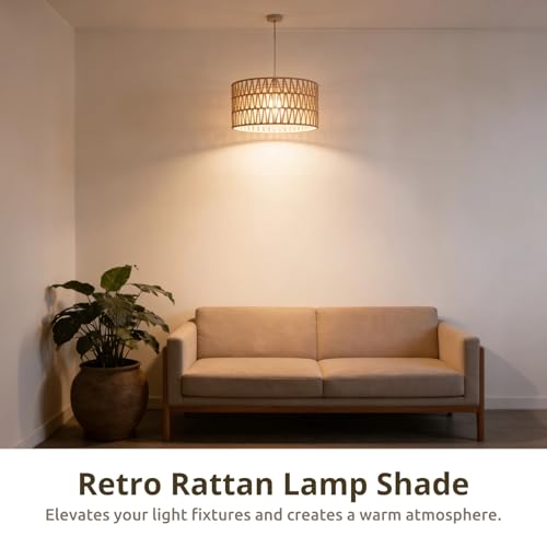 Rattan Lamp Shade, Retro Farmhouse Wicker Lampshade Replacement, 12.6" D×6.3" H Large Cylinder Woven Lamp Shade for Floor Light, Pendant Light, Chandelier