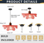 Modern Flower Pendant Light Fixture 13" Glass Hanging Light Wooden Chandelier Red Adjustable Pendant Lighting for Bedroom Dining Room Entryway - color: Red, 1 Light