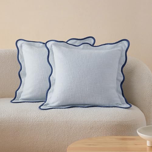 Double Stitch Scalloped Throw Pillow Covers - 100% Cotton Set of 2 Decorative Boho Pillow Covers 20 x 20, Made in India, Square Cushion Case, Modern Home Decor for Couch Sofa Living Room, Arctic Blue - color: Arctic Blue, size: 20" x 20" (Pack of 2)