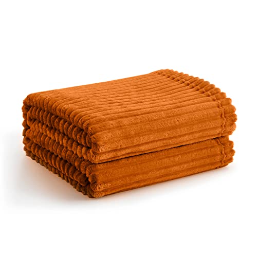 Vessia Flannel Fleece Throw Blanket, 300GSM Cozy Orange Striped Blanket for Kids and Adults, Warm and Soft Microfiber Ribbed Couch and Sofa Throw for All Season(50x40inch) - color: Burnt Orange, size: 50x40 inch
