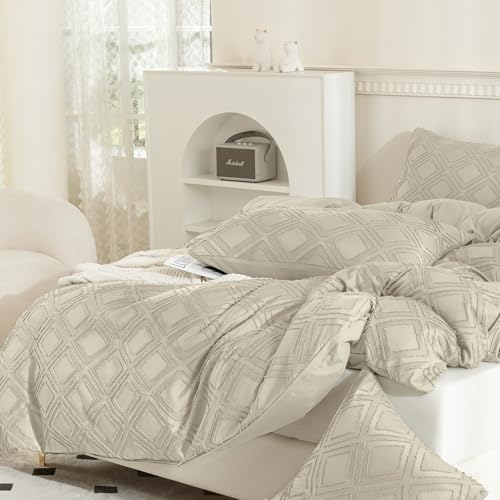 JELLYMONI Pillowcases King Size Light Sand 2 Pack Boho Plaid Bed Pillow Covers 20x36in Polyester Envelope Pillow Shams Tufted Bohemian Textured (Pillows are not Included) - color: 01 - Light Sand - Grid, size: 36" x 20" (Pack of 2)