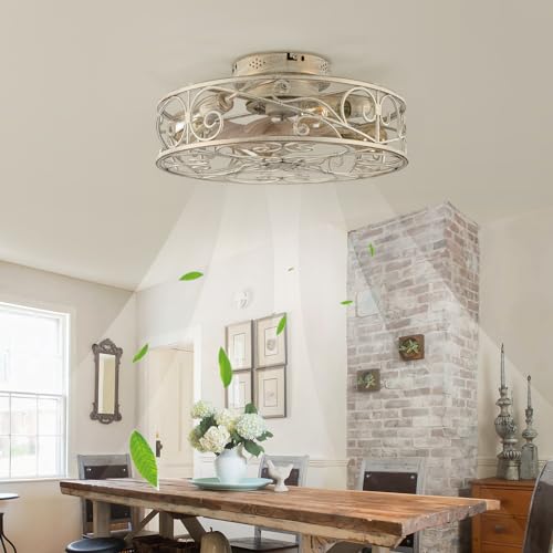 20" Caged Ceiling Fans with Lights and Remote, Bladeless Ceiling Fan 6 Speed Reversible with 4 Bulbs and Remote Control,Flush Mount Caged Ceiling Fan for Bedroom, Living Room, (Include Bulbs) - color: White brushed gold(with light bulb)