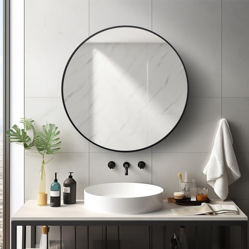 Sunniry Round Mirror 22 inch, Black Circle Mirror, Round Wall Mirrors Matte Metal Frame, Circle Mirrors for Living Room, Bathroom, Wall, Entryway, Rustic. - color: Black, size: 22"L x 22"W